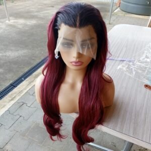 13x4 burgundy human-hair-blend wig, 28inches