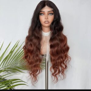 28" human hair blend wavy wig, 4x4 lace, Ombre-reddish brown,
