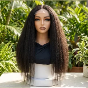 28" human-hair-blend wig, $130, 4x4 lace, kinky straight.