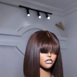 10" Virgin luxe SDD Brown Bonestraight fringe, $240, 100% human hair, 2x4 lace Also Available in black