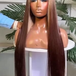 32" Ombre-blonde straight wig, human hair blend, 5x5 lace.